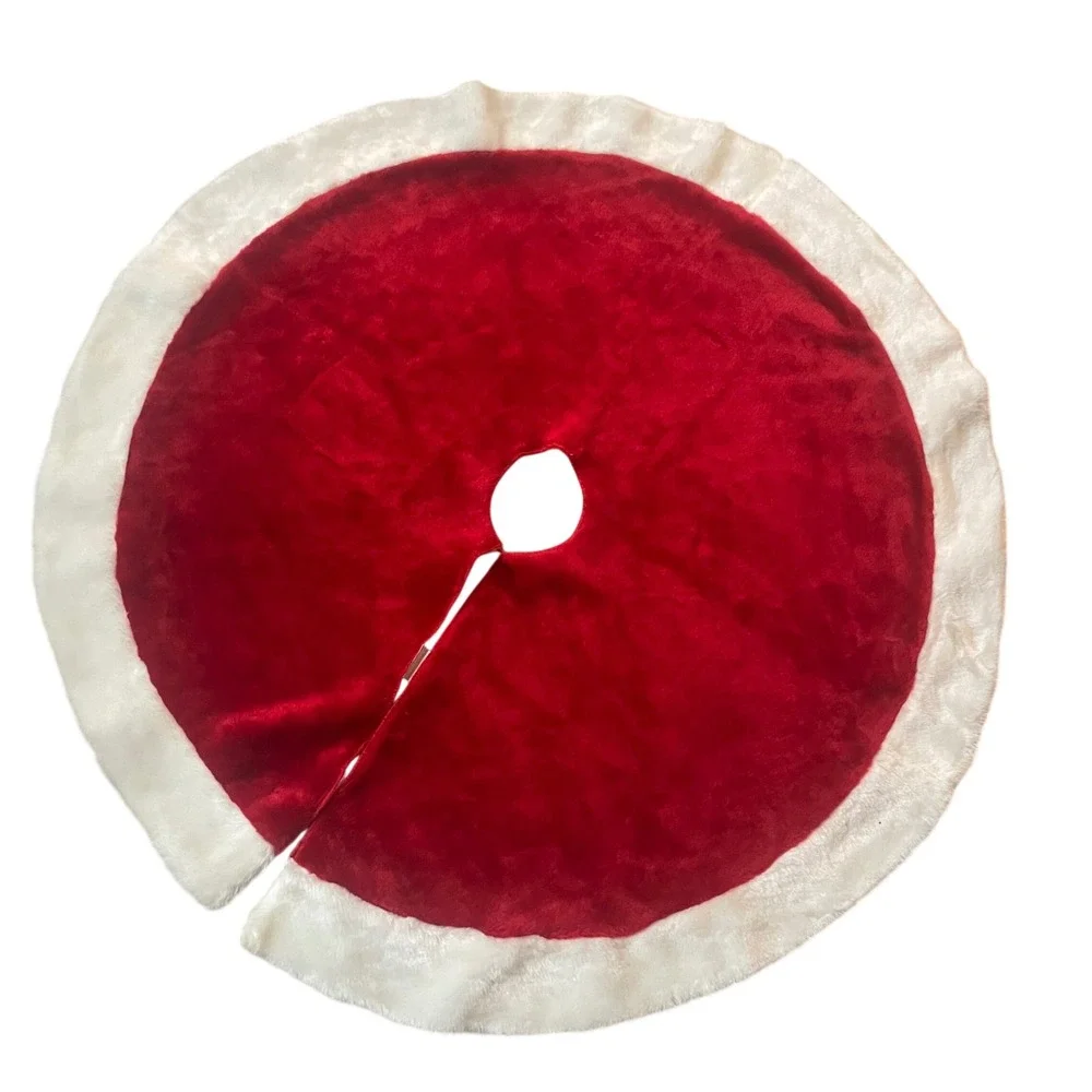 Red Plush Velveteen Christmas Tree Skirt White Faux Fur Border 40 Inch Holiday